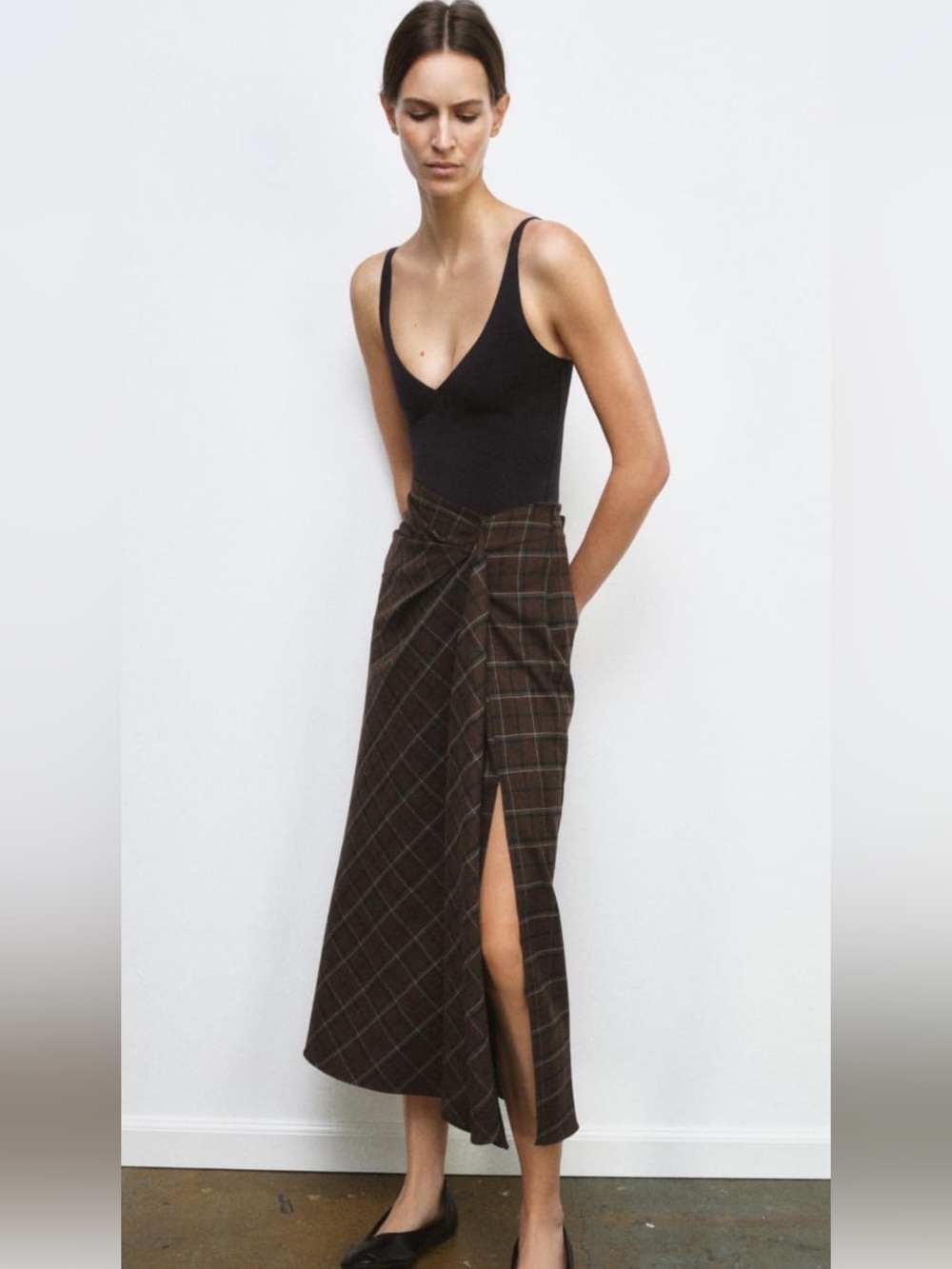 Zara Plaid Wrap Midi Skirt in Brown